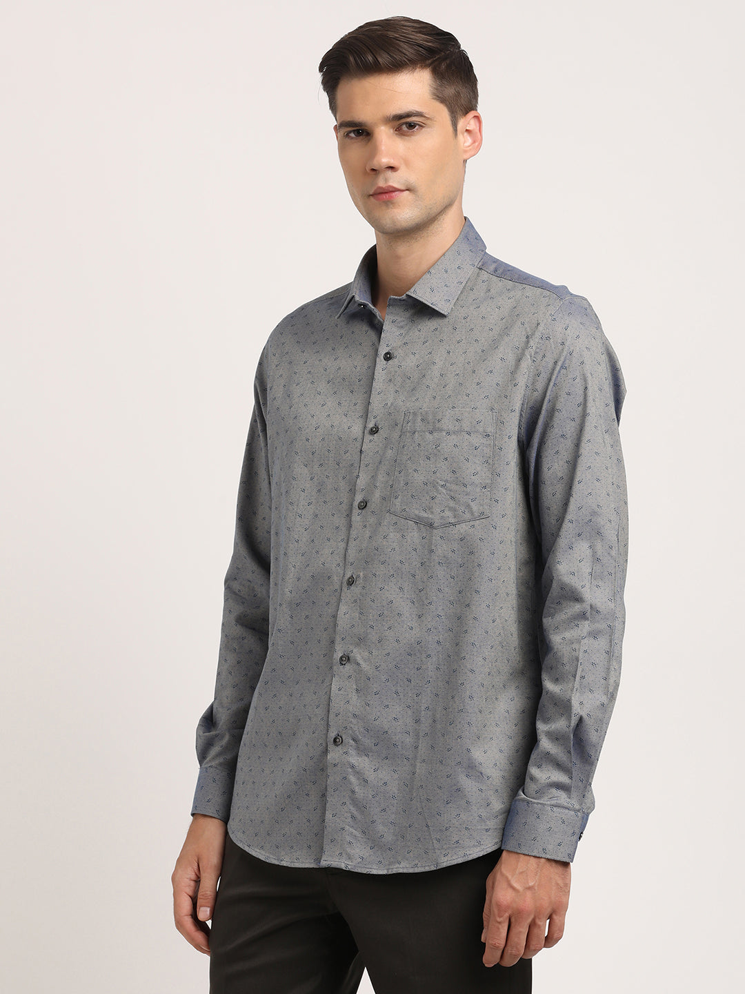 100% Cotton Grey Printed Slim Fit Full Sleeve Formal Shirt