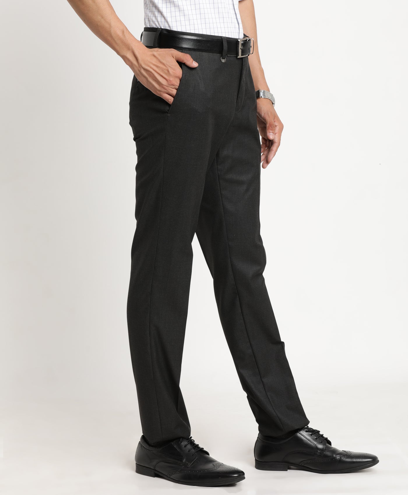 Poly Viscose Dark Grey Plain Slim Fit Flat Front Formal Trouser