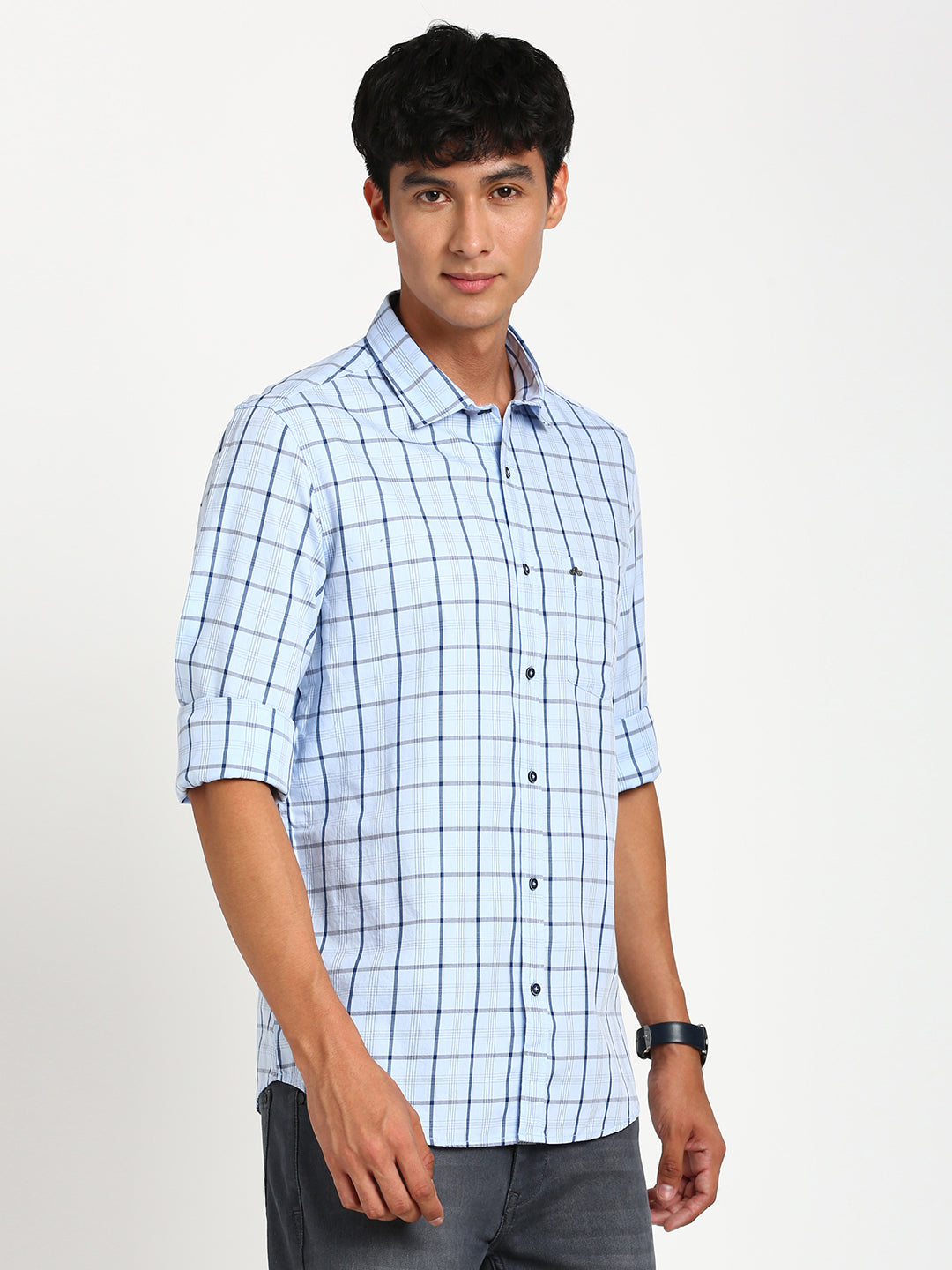 100% Cotton Sky Blue Checkered Slim Fit Full Sleeve Casual Shirt