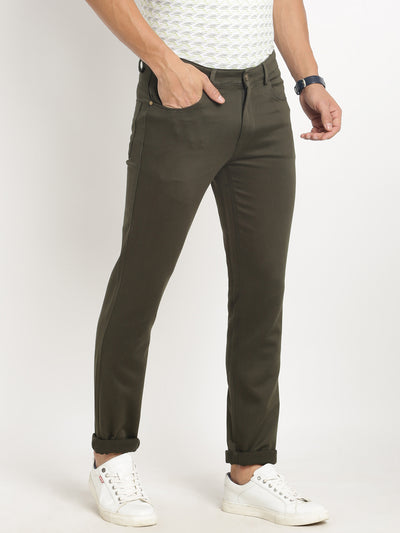 Cotton Stretch Olive Plain Narrow Fit Flat Front Casual Jeans