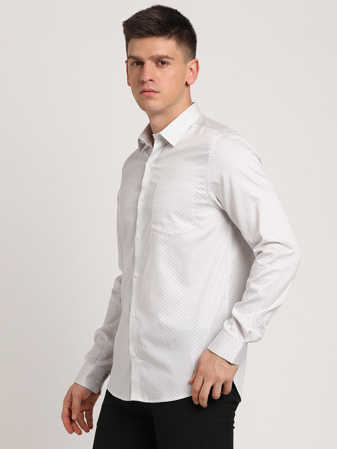 100% Cotton White Printed Slim Fit Full Sleeve Formal Shirt