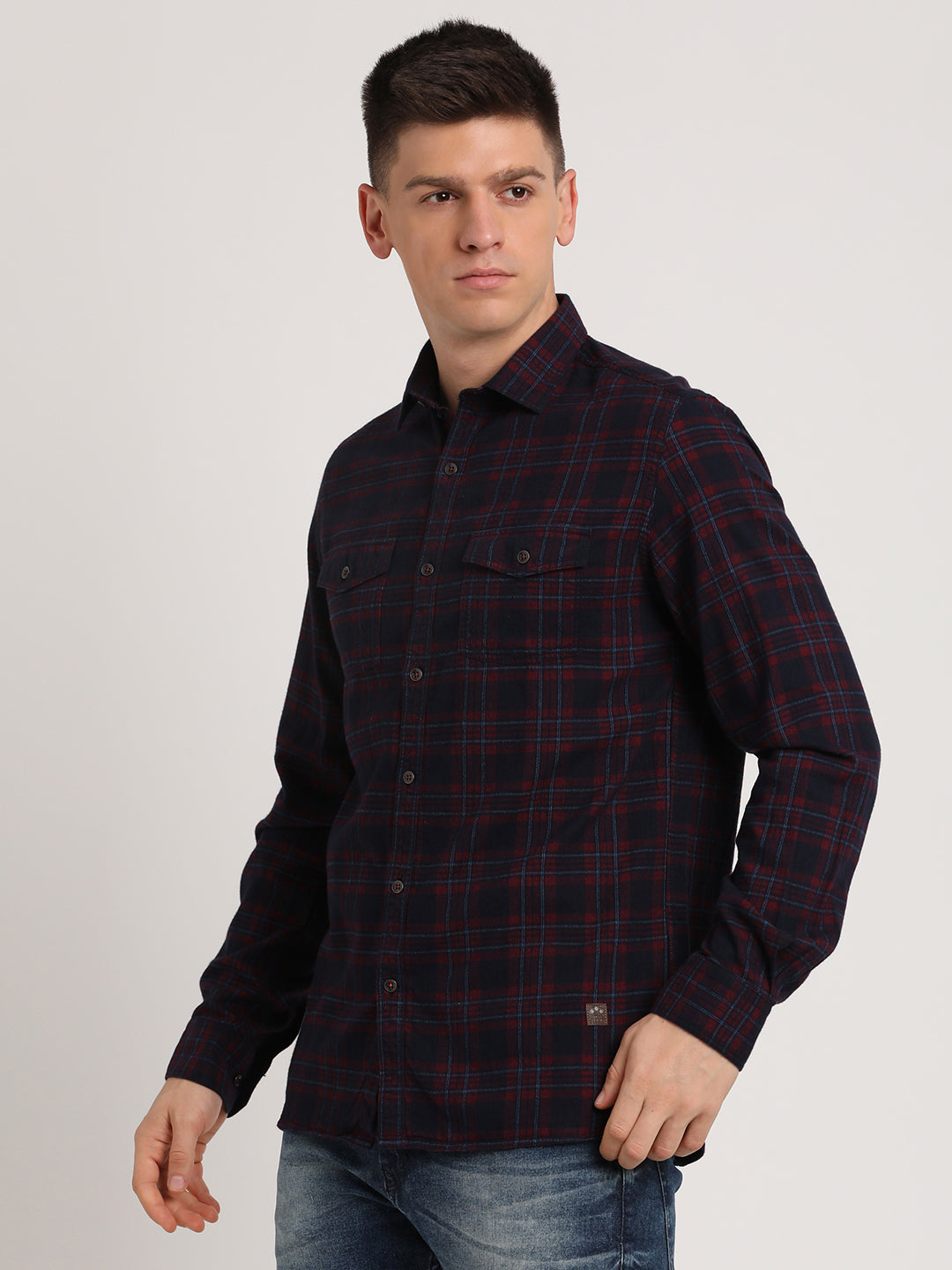 100% Cotton Dark Blue Checkered Slim Fit Full Sleeve Casual Shirt