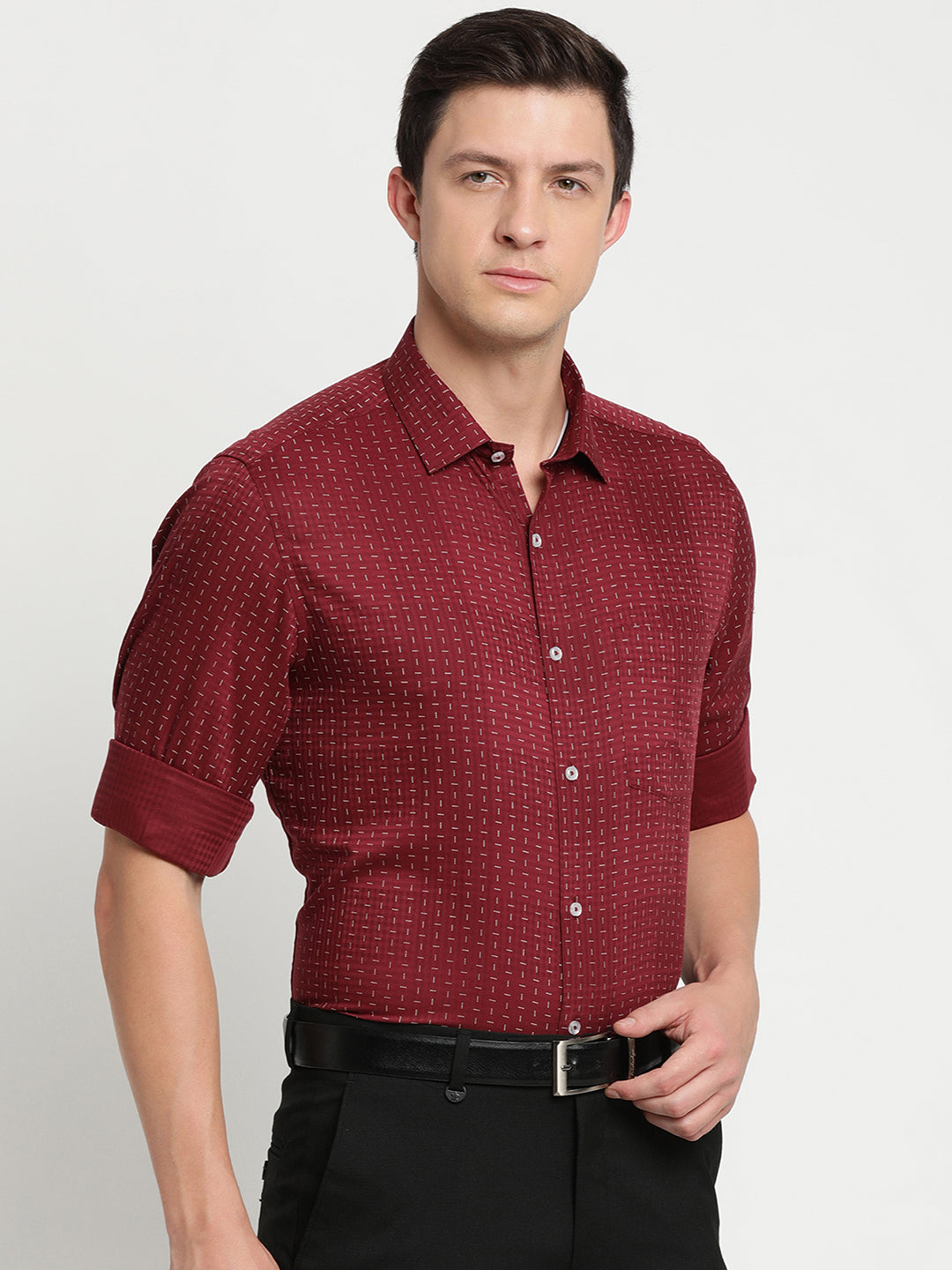 Cotton Tencel Maroon Printed Slim Fit Full Sleeve Formal Shirt