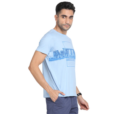 100% Cotton Sky Blue Chest Printed Round Neck Half Sleeve Casual Essential T-Shirt