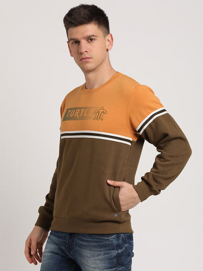 Poly Cotton Brown & Yellow Striped Regular Fit Full Sleeve Casual Sweatshirt