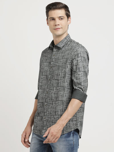 100% Cotton Grey Printed Slim Fit Full Sleeve Casual Shirt