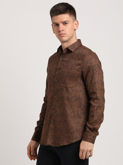 100% Cotton Brown Printed Slim Fit Full Sleeve Ceremonial Shirt