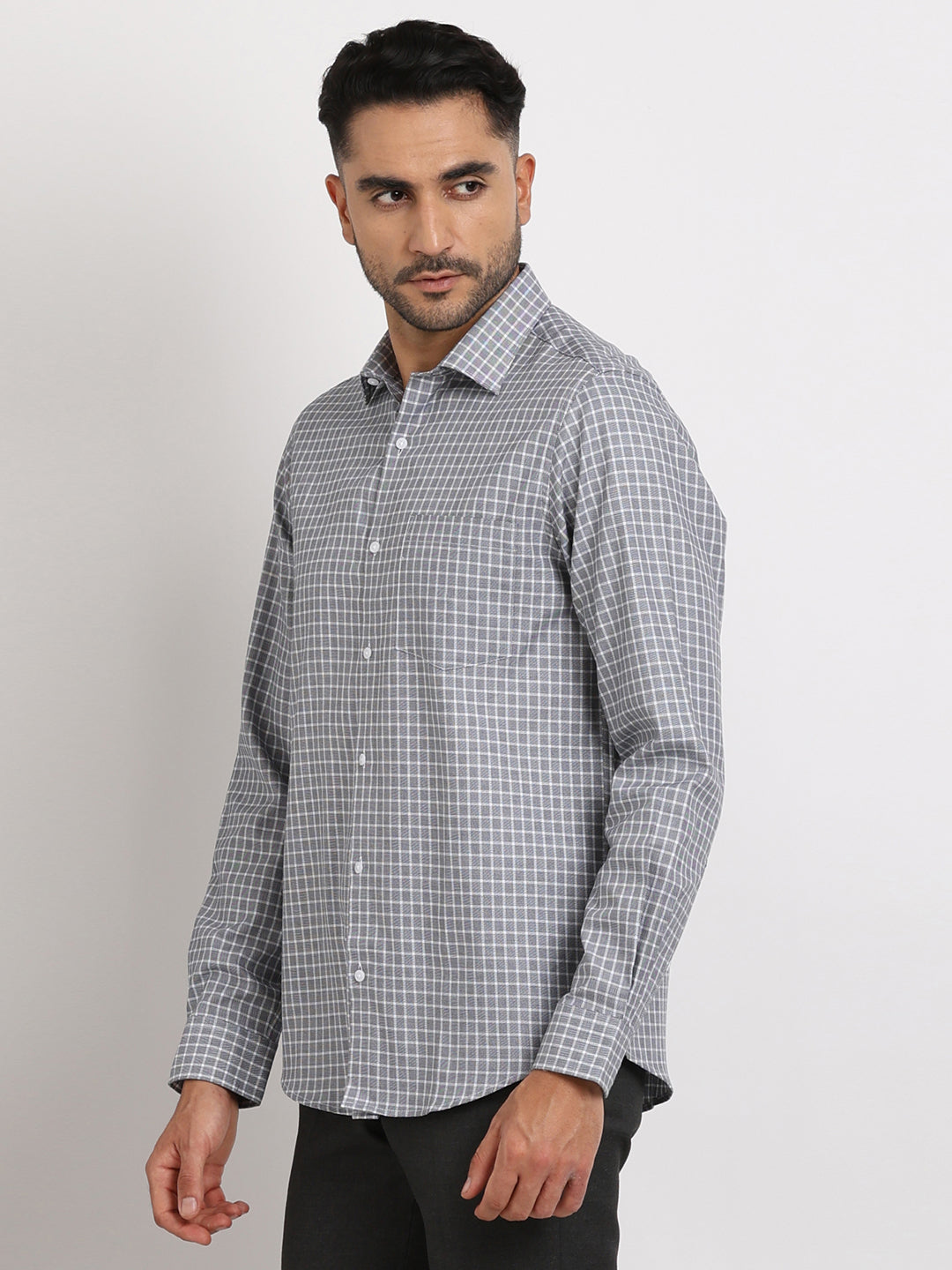 100% Cotton Grey Checkered Slim Fit Full Sleeve Formal Shirt