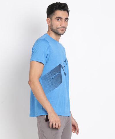 Polyester Blue Printed Crew Neck Half Sleeve Active T-Shirt