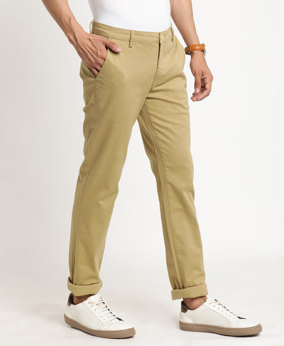 Cotton Stretch Khaki Printed Ultra Slim Fit Flat Front Casual Trouser