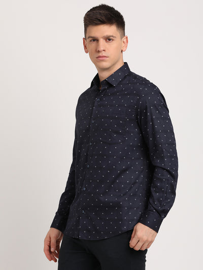 Cotton Tencel Navy Blue Printed Slim Fit Full Sleeve Formal Shirt