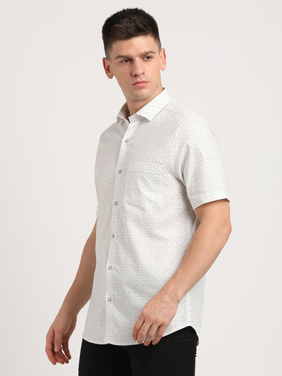 100% Cotton Cream Printed Slim Fit Half Sleeve Formal Shirt