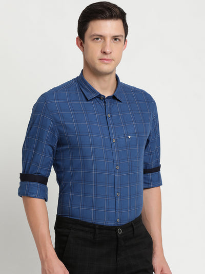 100% Cotton Blue Checkered Slim Fit Full Sleeve Casual Shirt