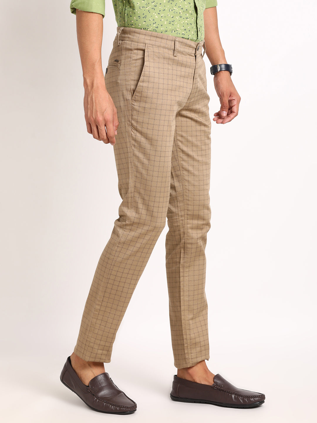 Cotton Stretch Khaki Checkered Narrow Fit Flat Front Casual Trouser