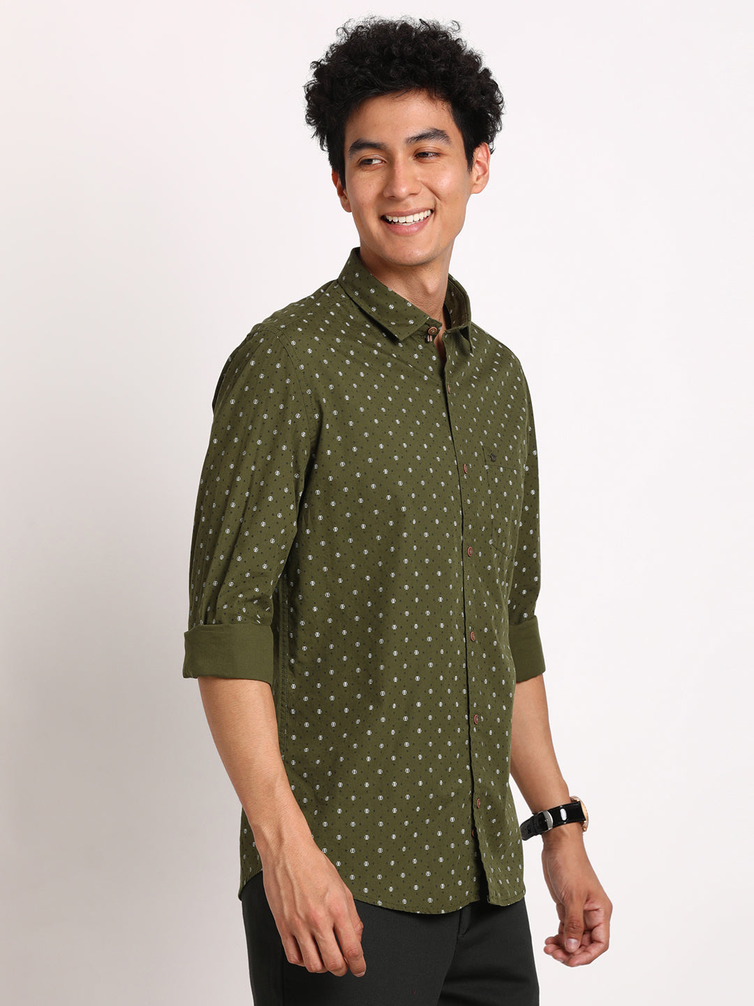 100% Cotton Dark Green Printed Slim Fit Full Sleeve Casual Shirt