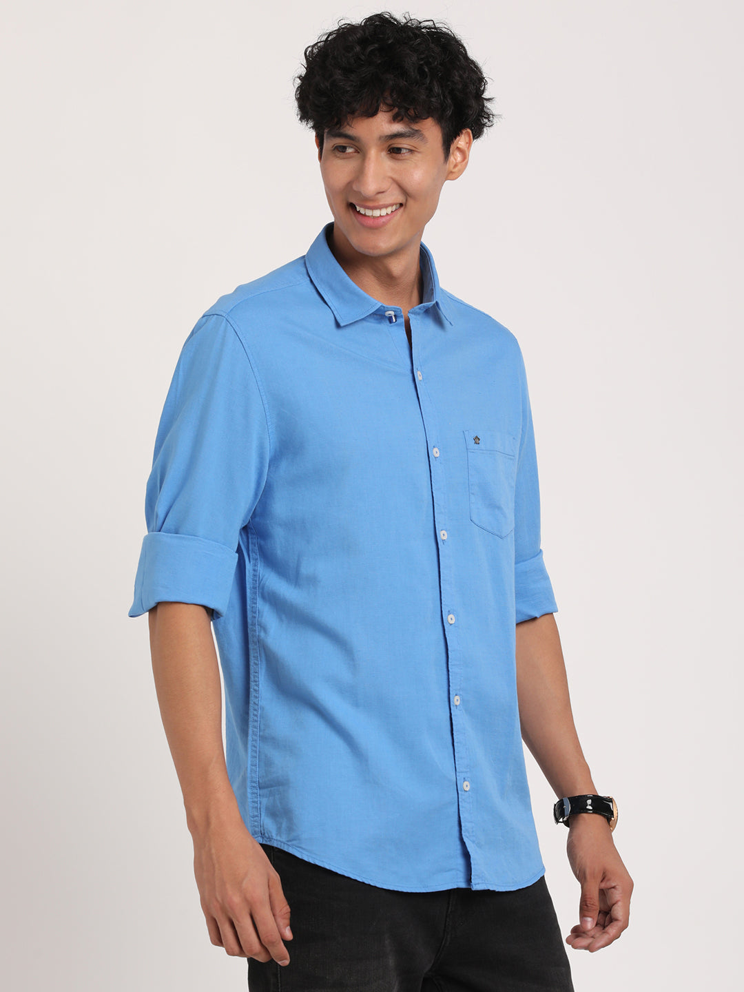 100% Cotton Blue Plain Slim Fit Full Sleeve Casual Shirt