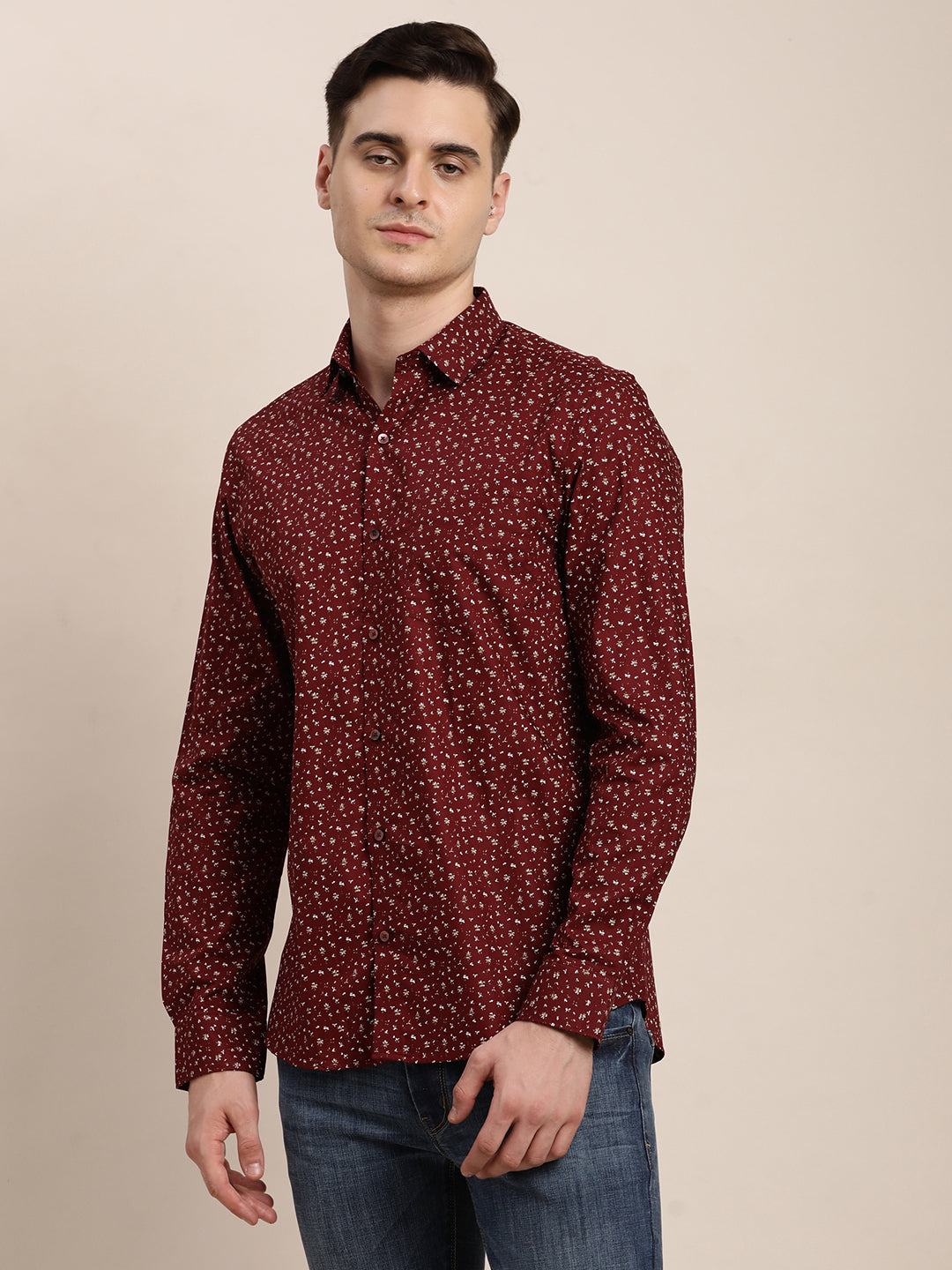 100% Cotton Maroon Printed Slim Fit Full Sleeve Formal Shirt