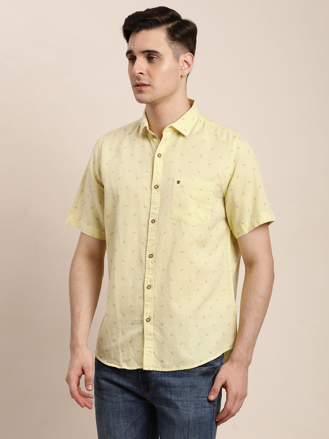 Cotton Linen Beige Printed Slim Fit Half Sleeve Casual Shirt