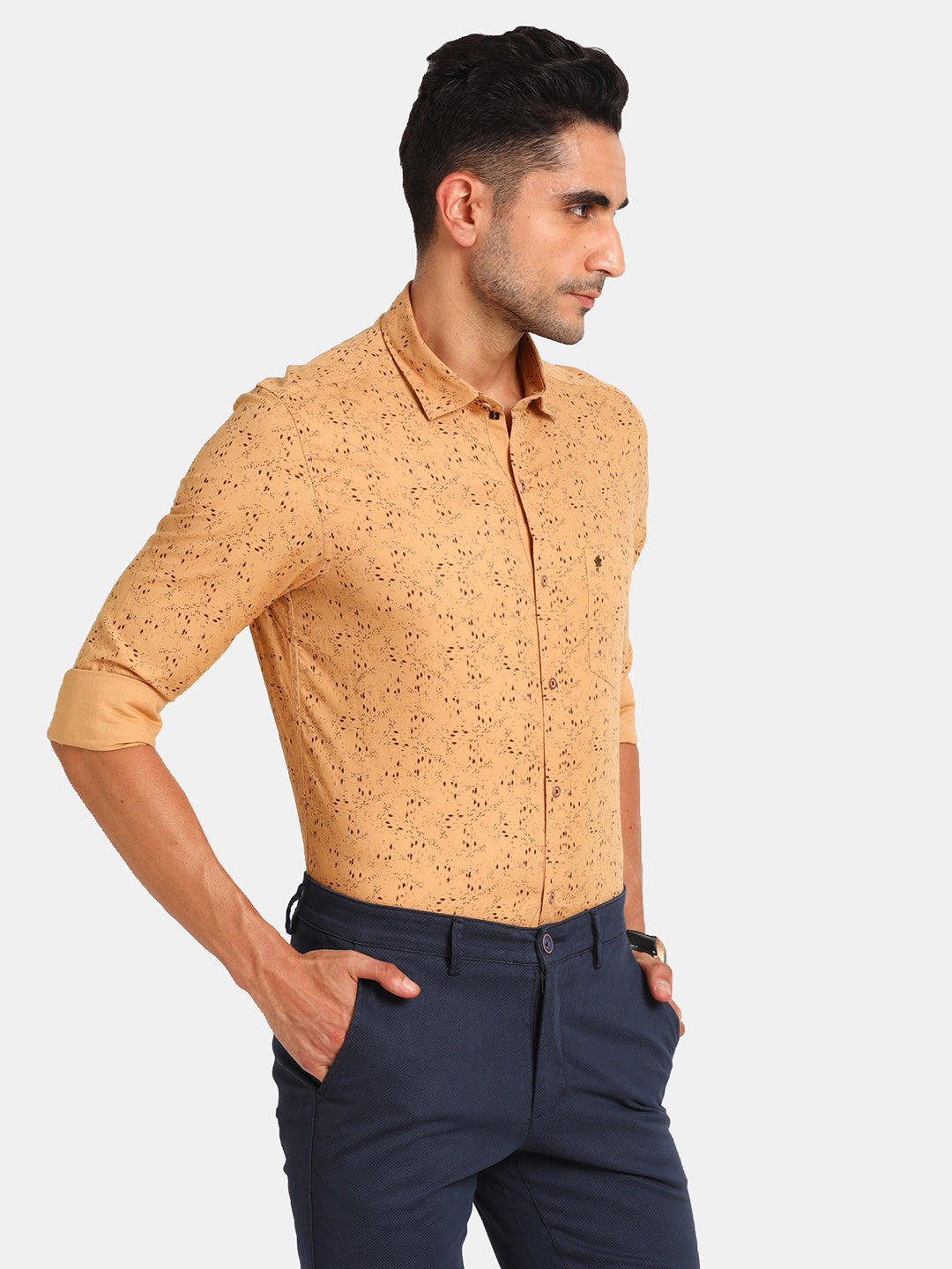 100% Cotton Mustard Printed Slim Fit Full Sleeve Casual Shirt