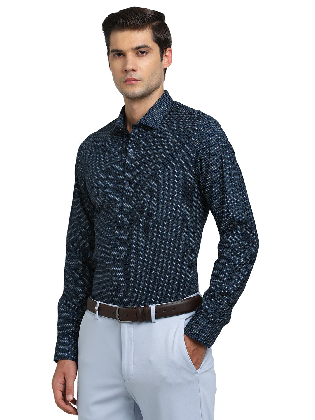 100% Cotton Dark Blue Printed Slim Fit Full Sleeve Formal Shirt