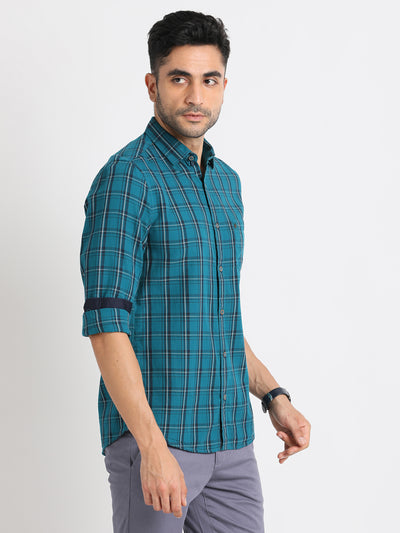 100% Cotton Blue Checkered Slim Fit Full Sleeve Casual Shirt