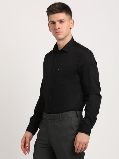 Cotton Stretch Black Plain Slim Fit Full Sleeve Casual Shirt