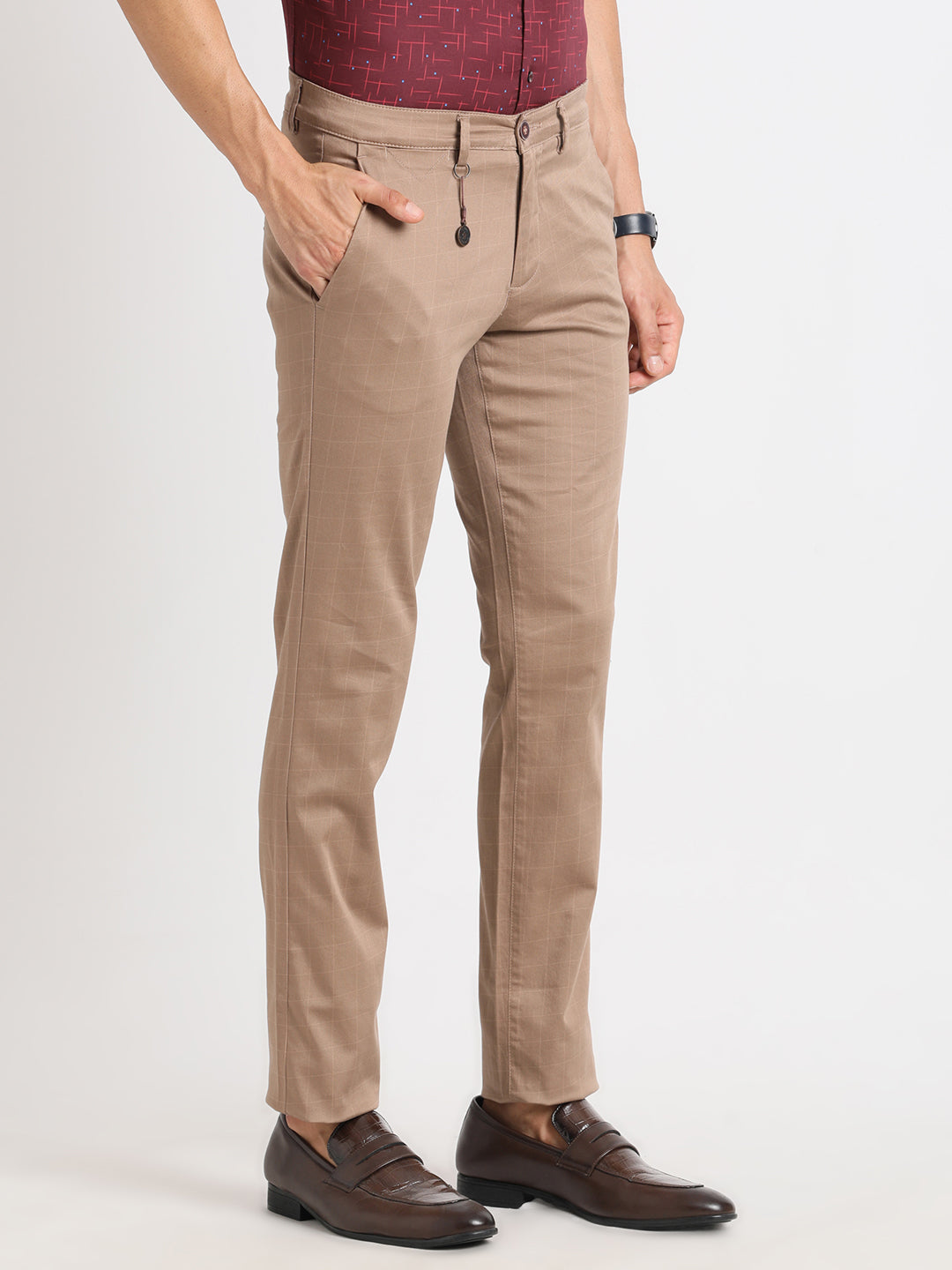 Cotton Stretch Khaki Checkered Ultra Slim Fit Flat Front Casual Trouser