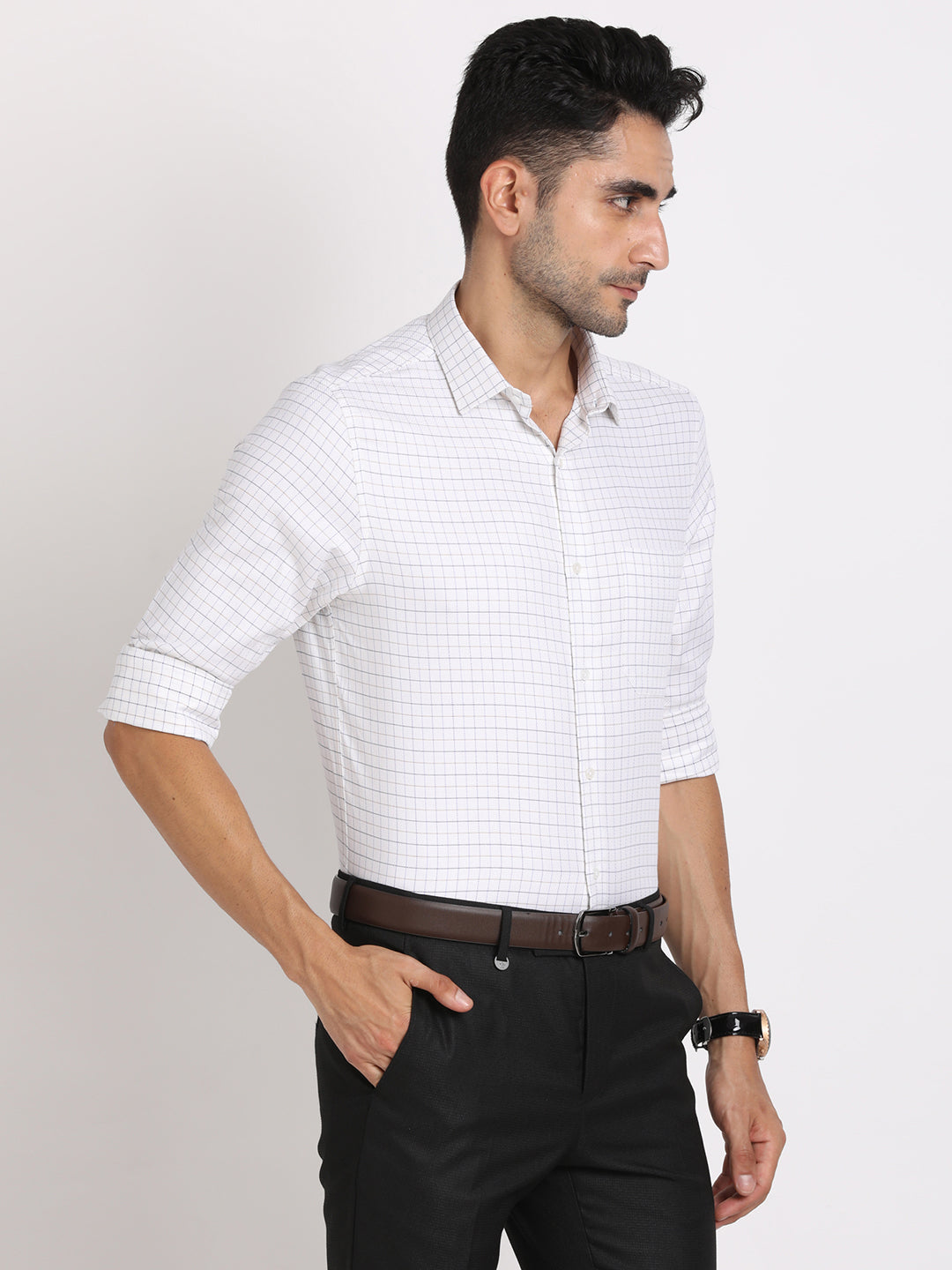 100% Cotton Off White Checkered Slim Fit Full Sleeve Formal Shirt