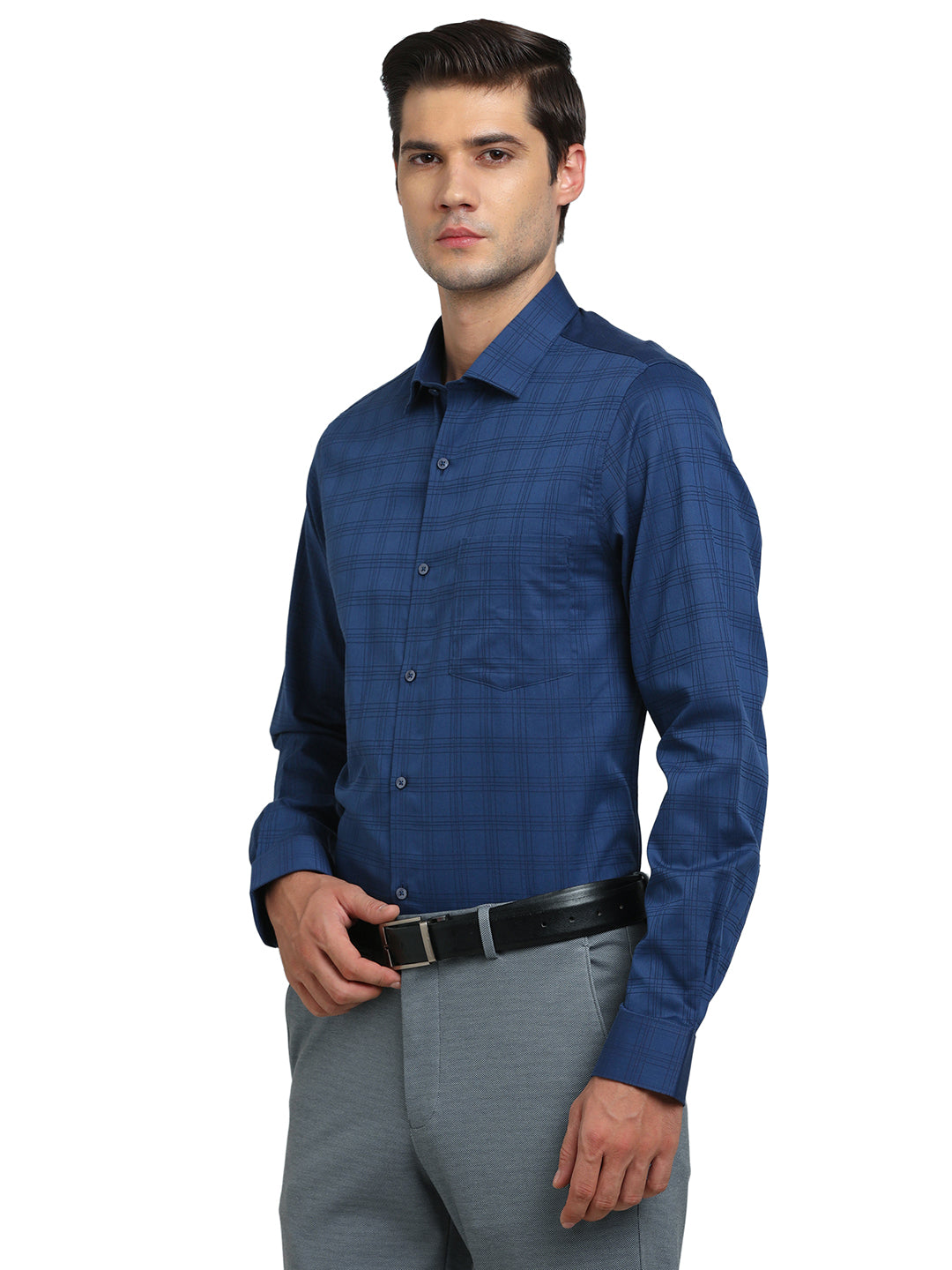 100% Cotton Navy Blue Checkered Slim Fit Full Sleeve Formal Shirt