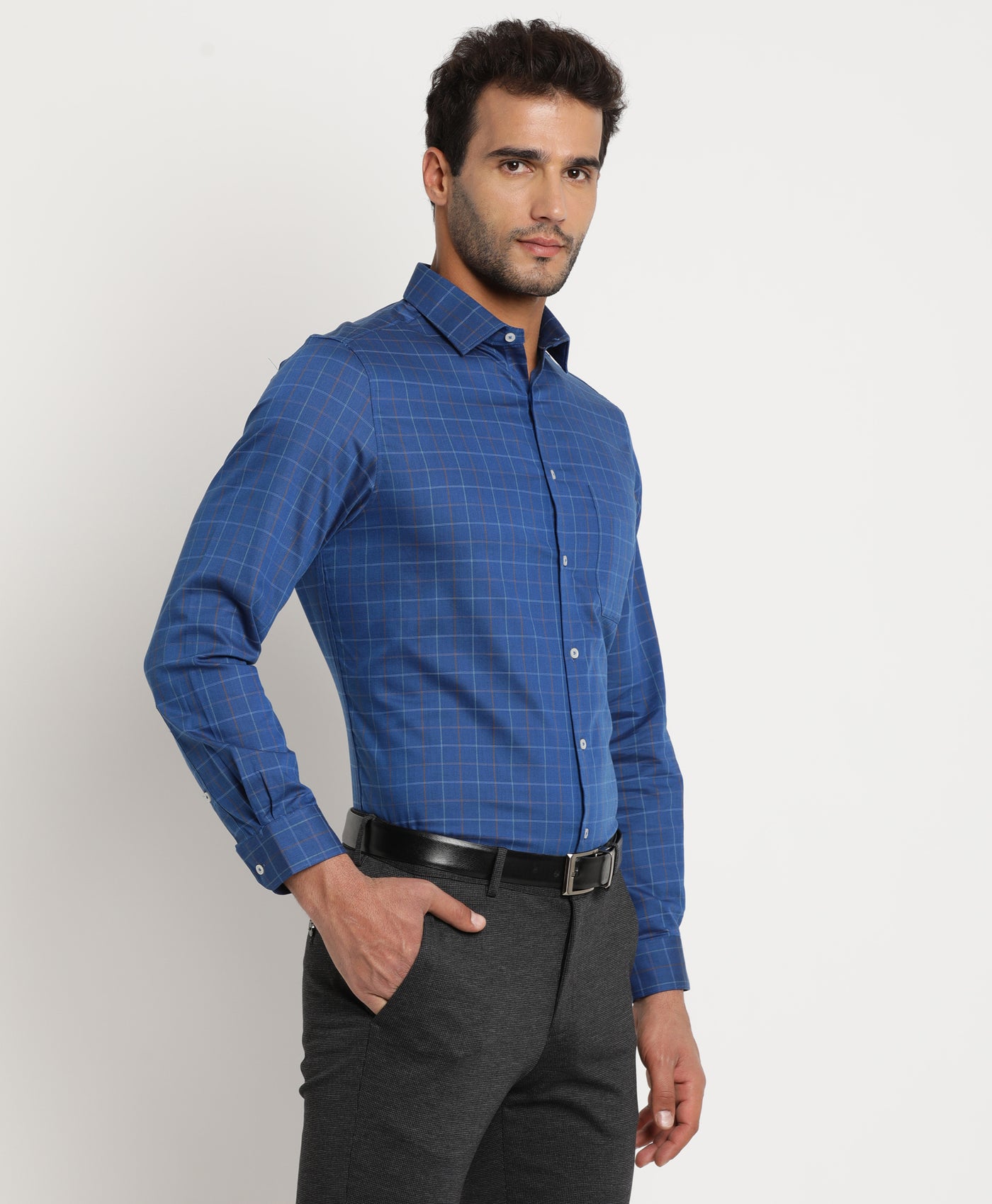 100% Cotton Blue Checkered Regular Fit Full Sleeve Formal Shirt