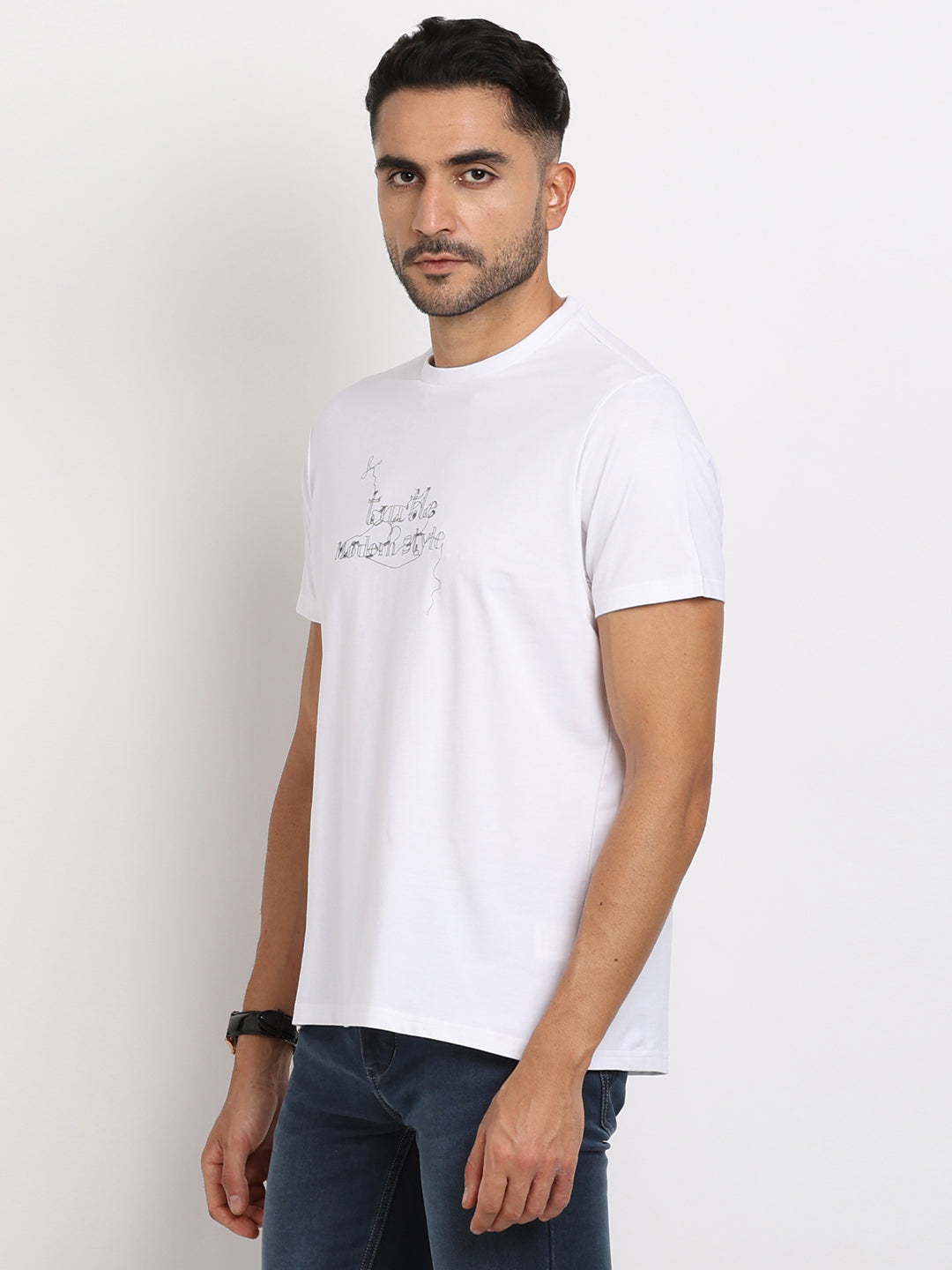 Cotton Stretch White Printed Crew Neck Half Sleeve Casual T-Shirt