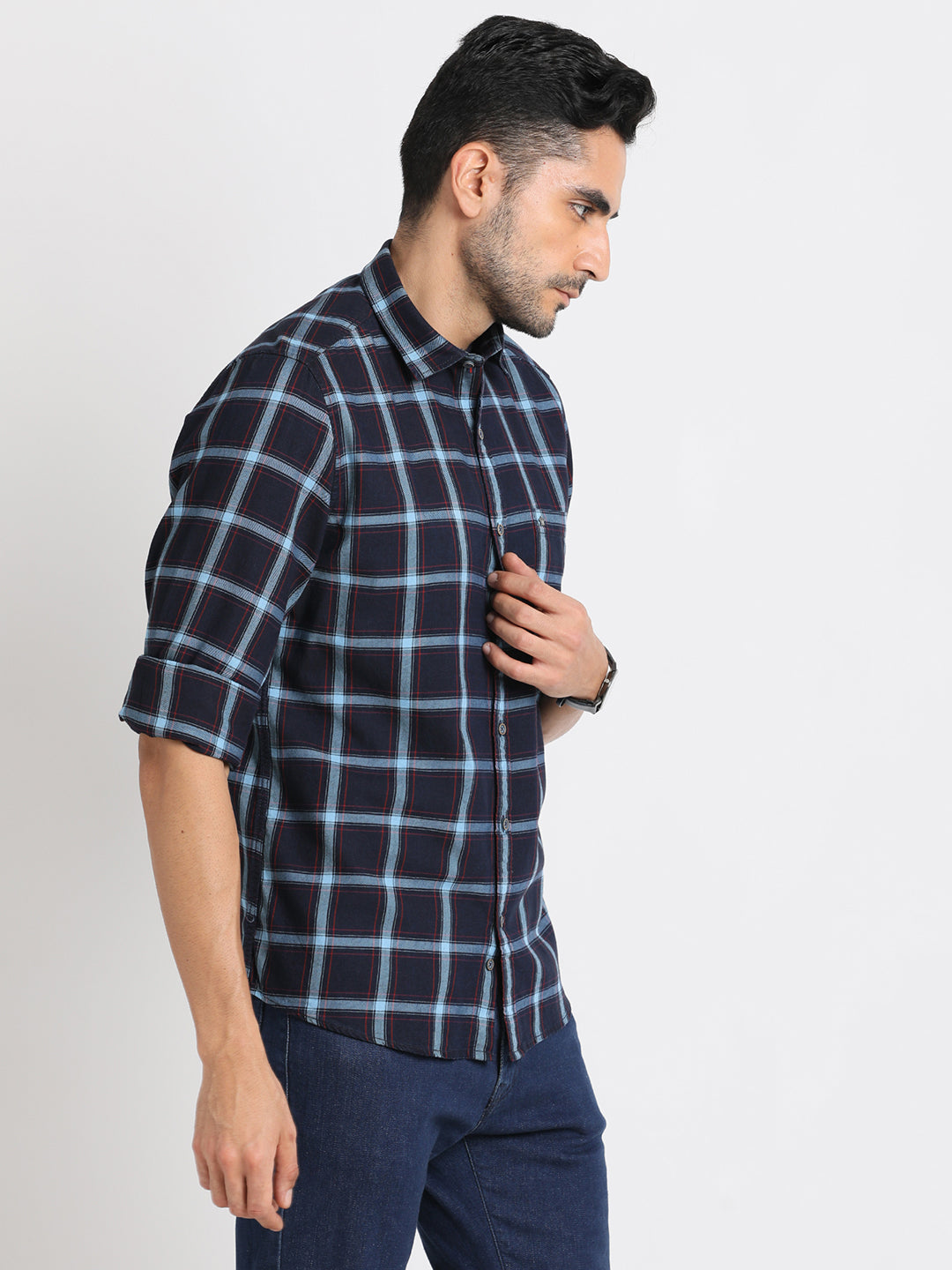 100% Cotton Indigo Navy Blue Checkered Slim Fit Full Sleeve Casual Shirt