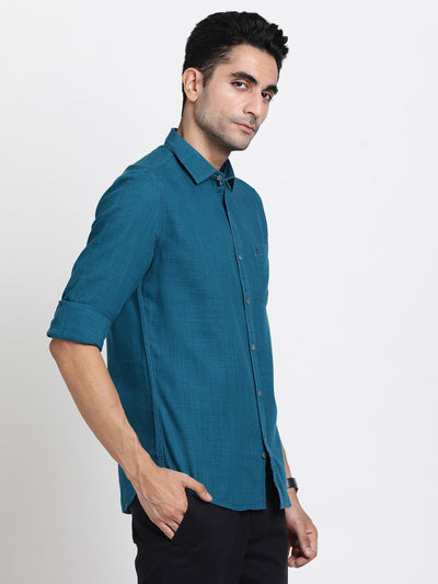 Cotton Lyocell Teal Blue Plain Slim Fit Full Sleeve Casual Shirt