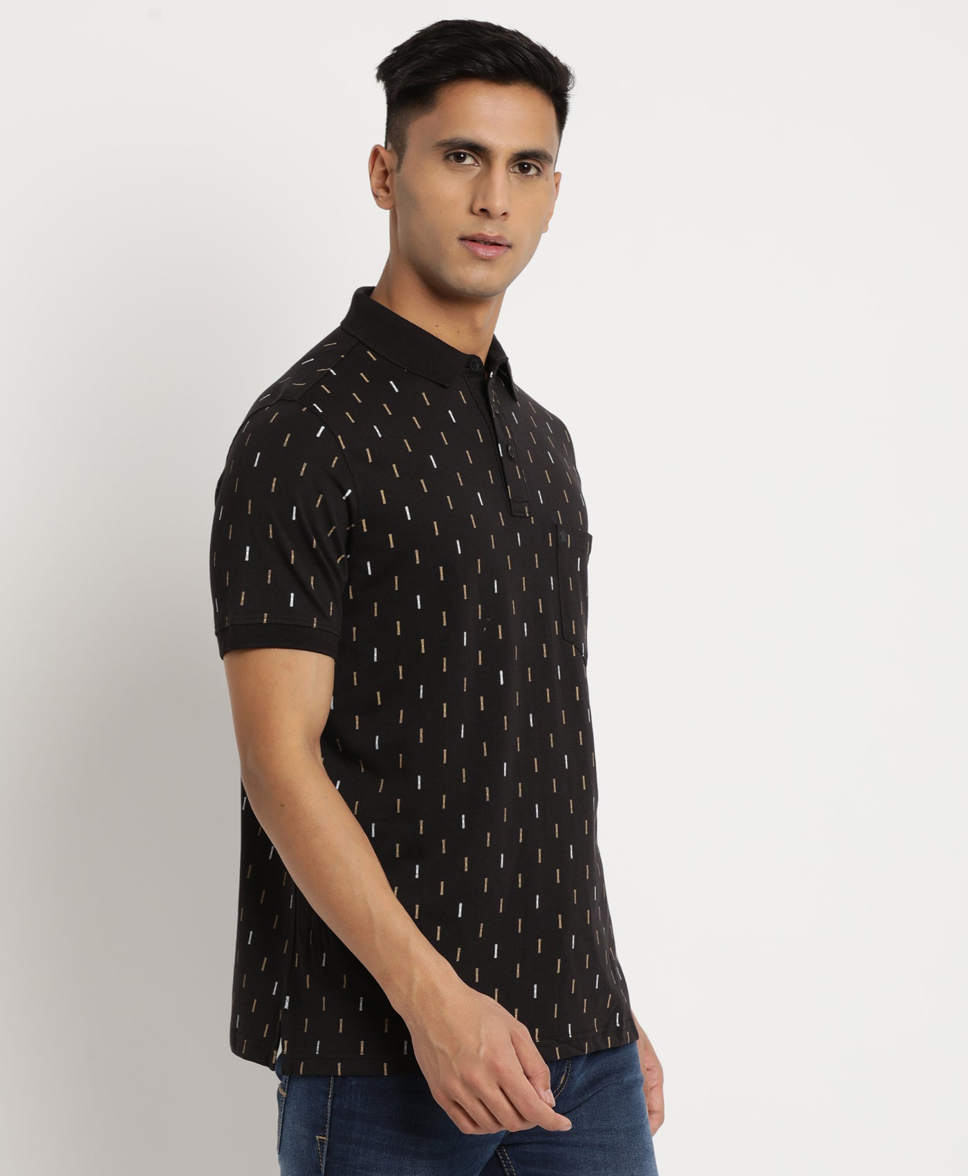 Knitted Black Printed Polo Neck Half Sleeve Casual T-Shirt
