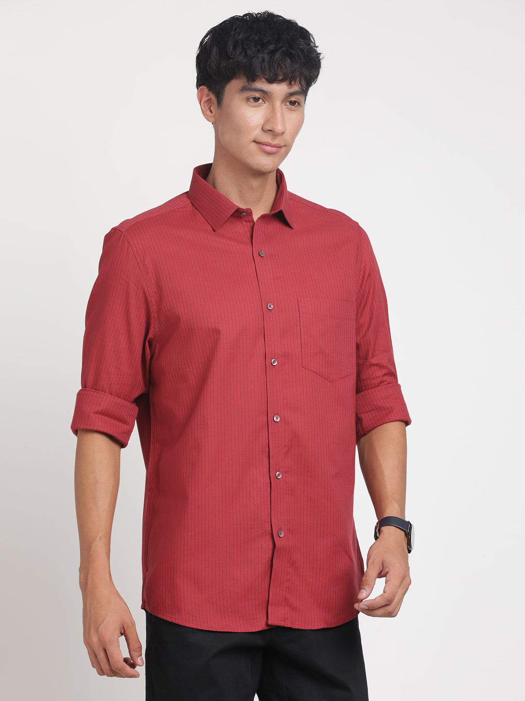 100% Cotton Red Striped Slim Fit Full Sleeve Formal Shirt