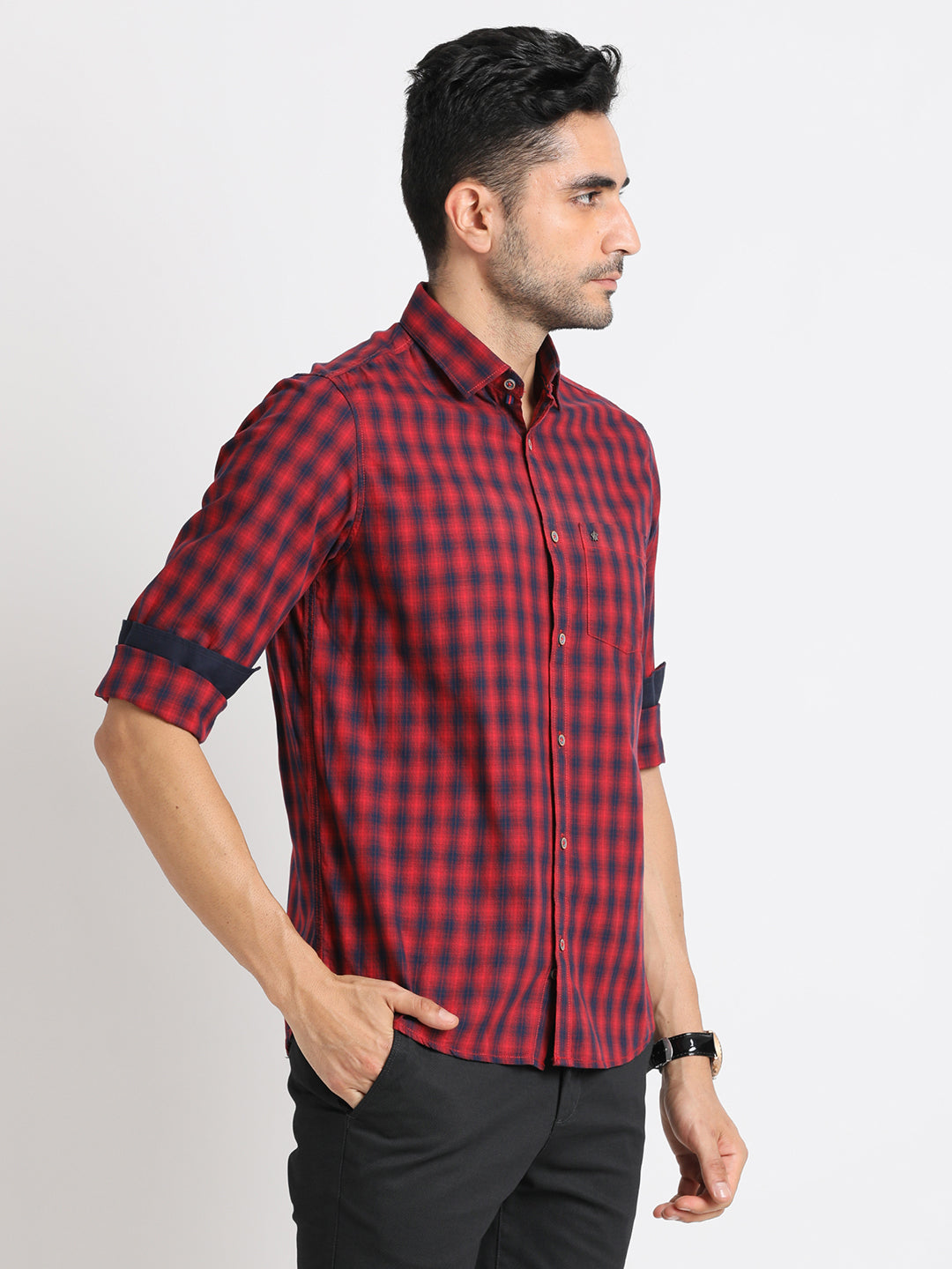 100% Cotton Red Checkered Slim Fit Full Sleeve Casual Shirt