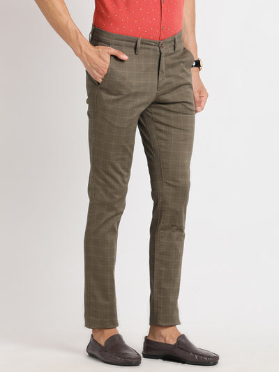 Cotton Stretch Brown Checkered Narrow Fit Flat Front Casual Trouser