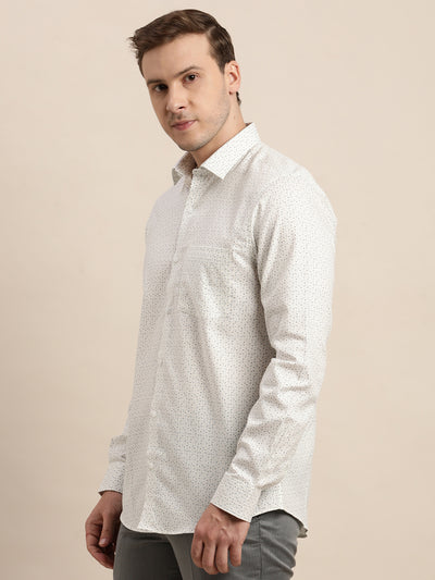 100% Cotton White Printed Slim Fit Full Sleeve Formal Shirt