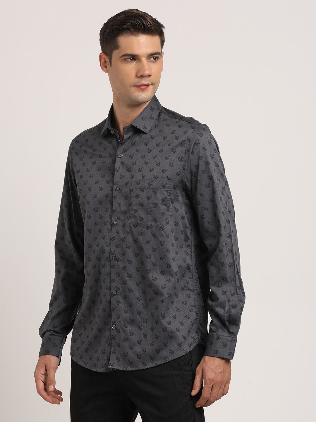 100% Cotton Charcoal Grey Printed Slim Fit Full Sleeve Ceremonial Shirt