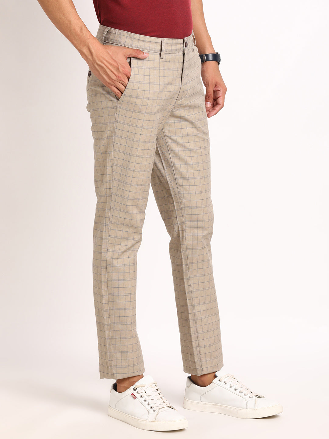 Cotton Stretch Beige Checkered Narrow Fit Flat Front Casual Trouser