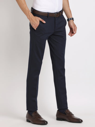Knitted Navy Blue Dobby Slim Fit Flat Front Ceremonial Trouser