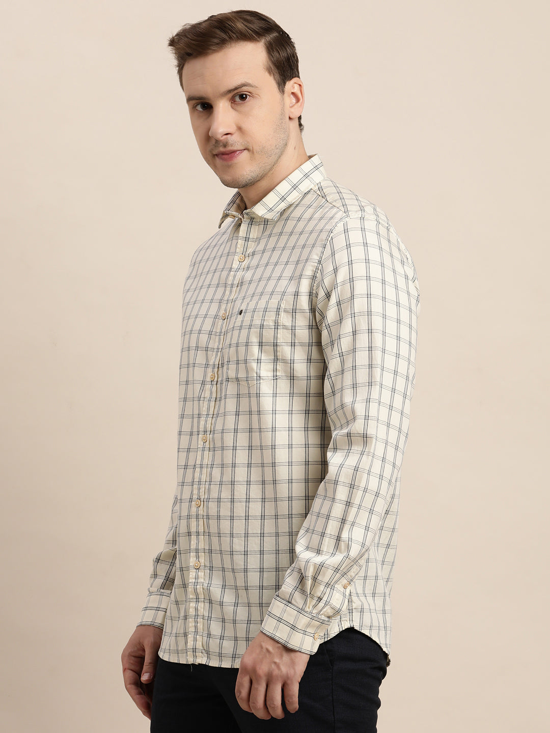 100% Cotton Cream Checkered Slim Fit Full Sleeve Casual Shirt