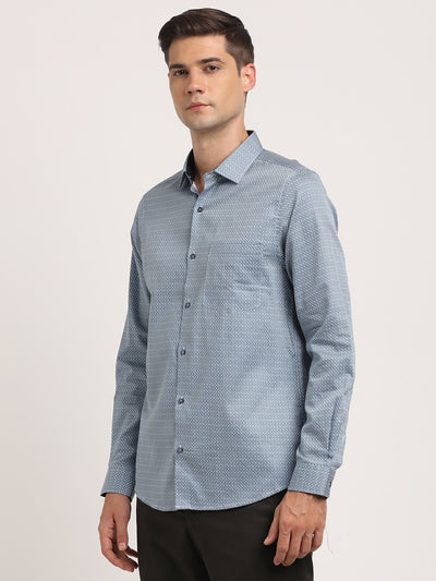 Cotton Stretch Blue Printed Slim Fit Full Sleeve Formal Shirt