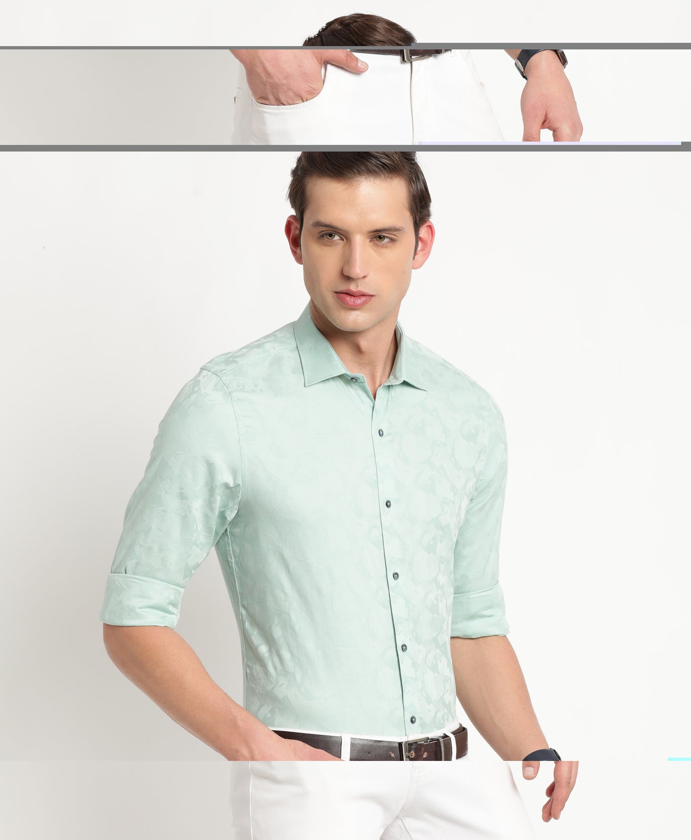 100% Cotton Pista Green Jacquard Slim Fit Full Sleeve Ceremonial Shirt