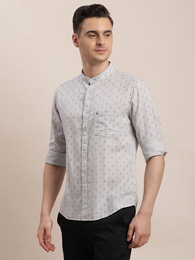 Cotton Linen Grey Printed Slim Fit Mandarin Collar Casual Shirt