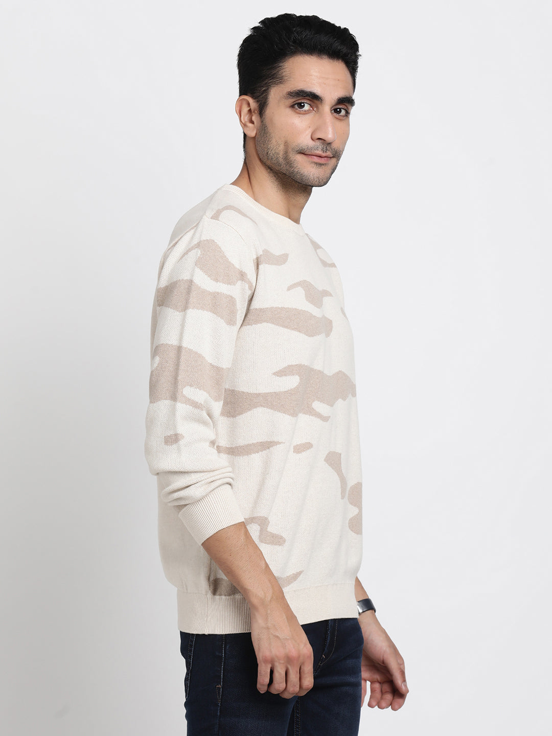 Knitted Beige Printed Regular Fit Full Sleeve Casual Pull Over