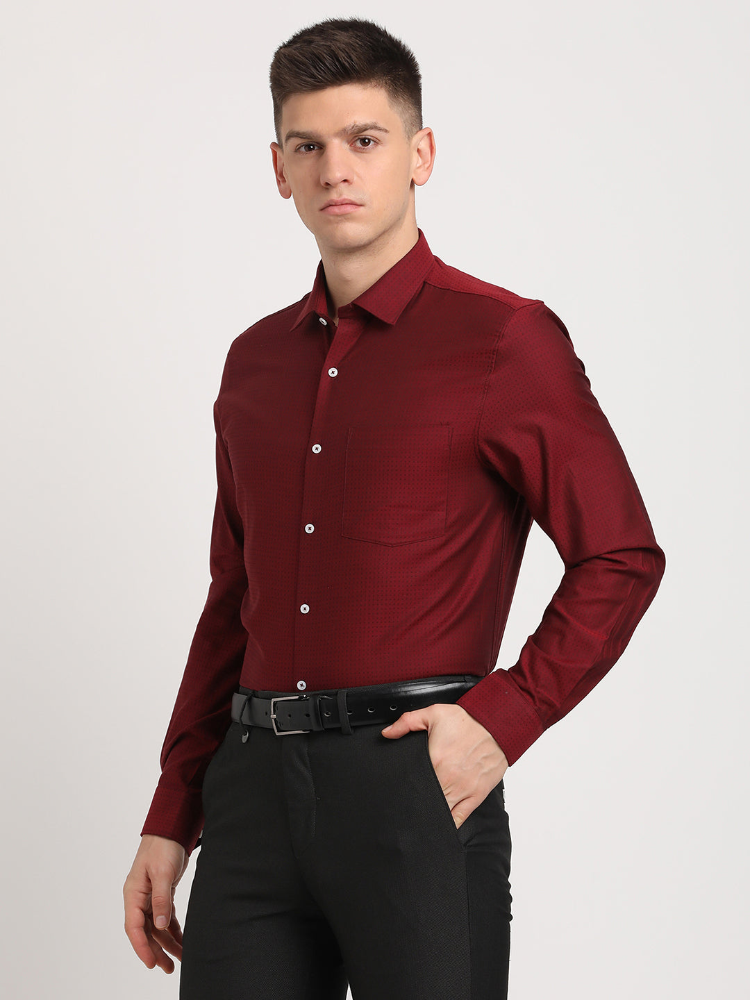 100% Cotton Maroon Dobby Slim Fit Full Sleeve Formal Shirt