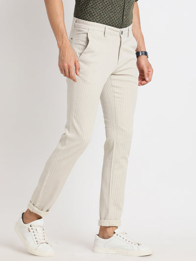 Cotton Stretch Beige Dobby Narrow Fit Flat Front Casual Trouser