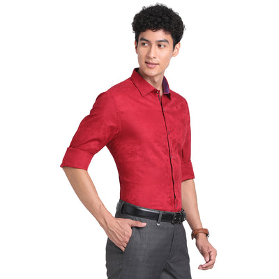 Turtle Men Maroon Cotton Self Design Slim Fit Formal Shirts