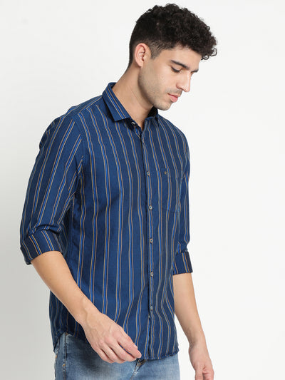 100% Cotton Navy Blue Striped Slim Fit Full Sleeve Casual Shirt